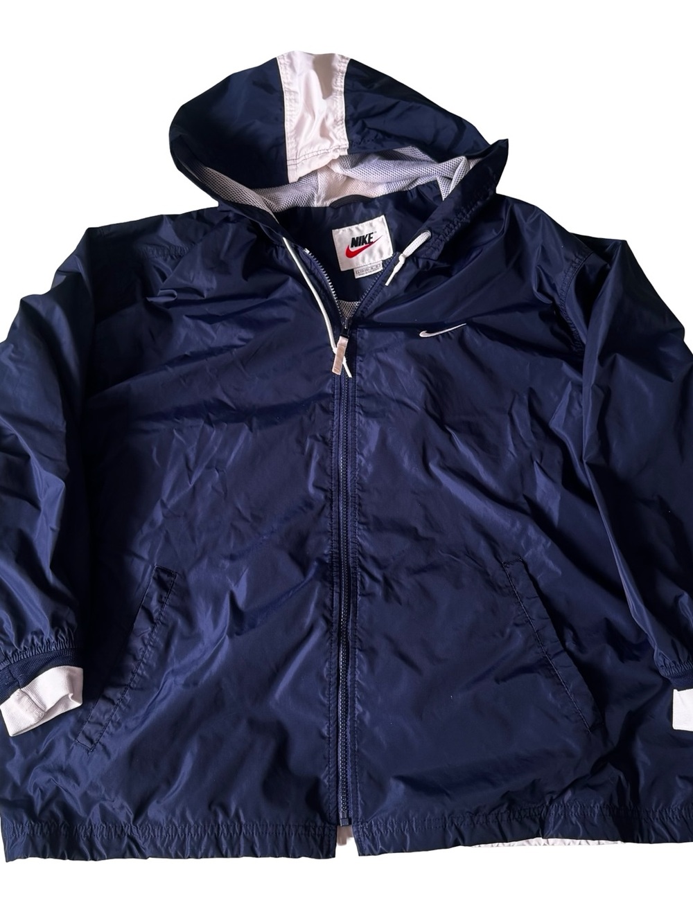 Vintage Nike Women’s Blue/White Hooded Full Zip Windbreaker Jacket Size L